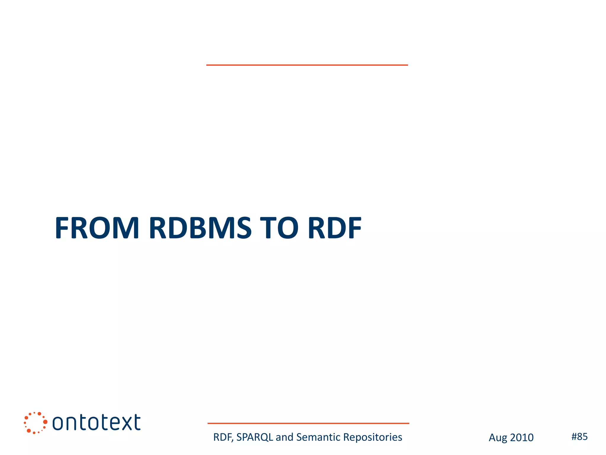 FROM RDBMS TO RDF




        RDF, SPARQL and Semantic Repositories   Aug 2010   #85
 