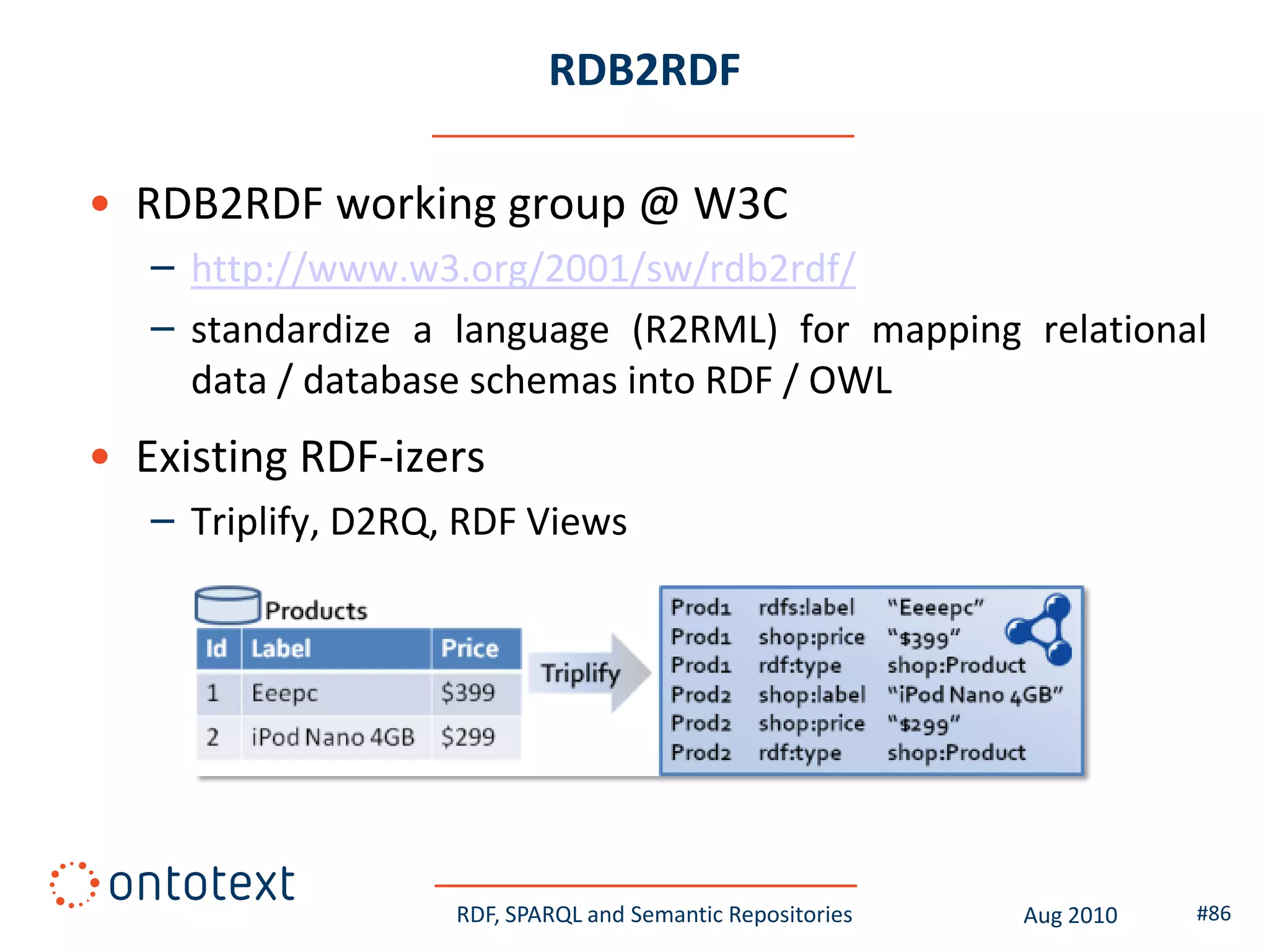 RDB2RDF

• RDB2RDF working group @ W3C
   – http://www.w3.org/2001/sw/rdb2rdf/
   – standardize a language (R2RML) for mapping relational
     data / database schemas into RDF / OWL
• Existing RDF-izers
   – Triplify, D2RQ, RDF Views




                    RDF, SPARQL and Semantic Repositories   Aug 2010   #86
 