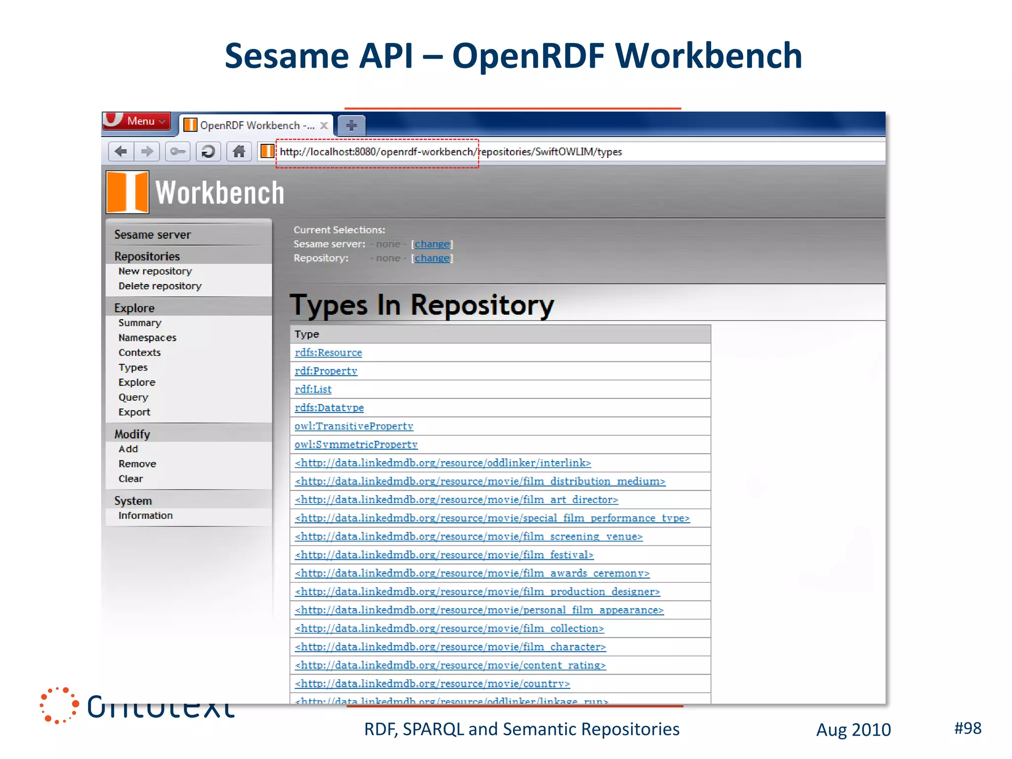 Sesame API – OpenRDF Workbench




       RDF, SPARQL and Semantic Repositories   Aug 2010   #98
 