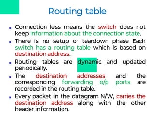 Routing table
■ Connection less means the switch does not
keep information about the connection state.
■ There is no setup or teardown phase Each
switch has a routing table which is based on
destination address.
■ Routing tables are dynamic and updated
periodically.
■ The destination addresses and the
corresponding forwarding o/p ports are
recorded in the routing table.
■ Every packet in the datagram N/W, carries the
destination address along with the other
header information.
 