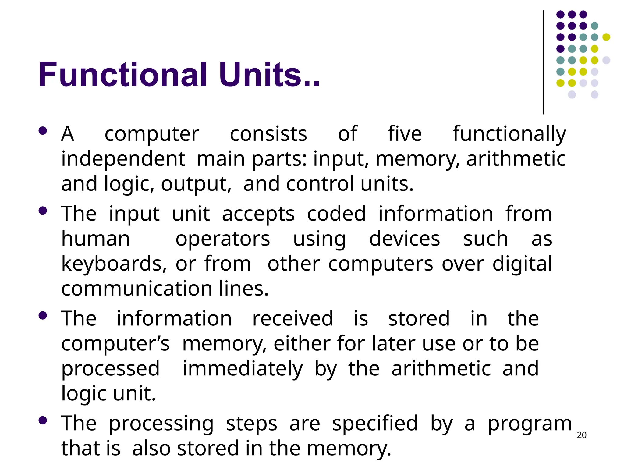 Functional Units..
20
 A computer consists of five functionally
independent main parts: input, memory, arithmetic
and logic, output, and control units.
 The input unit accepts coded information from
human operators using devices such as
keyboards, or from other computers over digital
communication lines.
 The information received is stored in the
computer’s memory, either for later use or to be
processed immediately by the arithmetic and
logic unit.
 The processing steps are specified by a program
that is also stored in the memory.
 