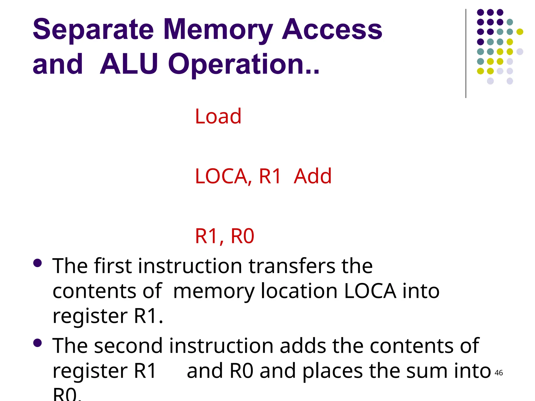 Separate Memory Access
and ALU Operation..
46
Load
LOCA, R1 Add
R1, R0
 The first instruction transfers the
contents of memory location LOCA into
register R1.
 The second instruction adds the contents of
register R1 and R0 and places the sum into
 