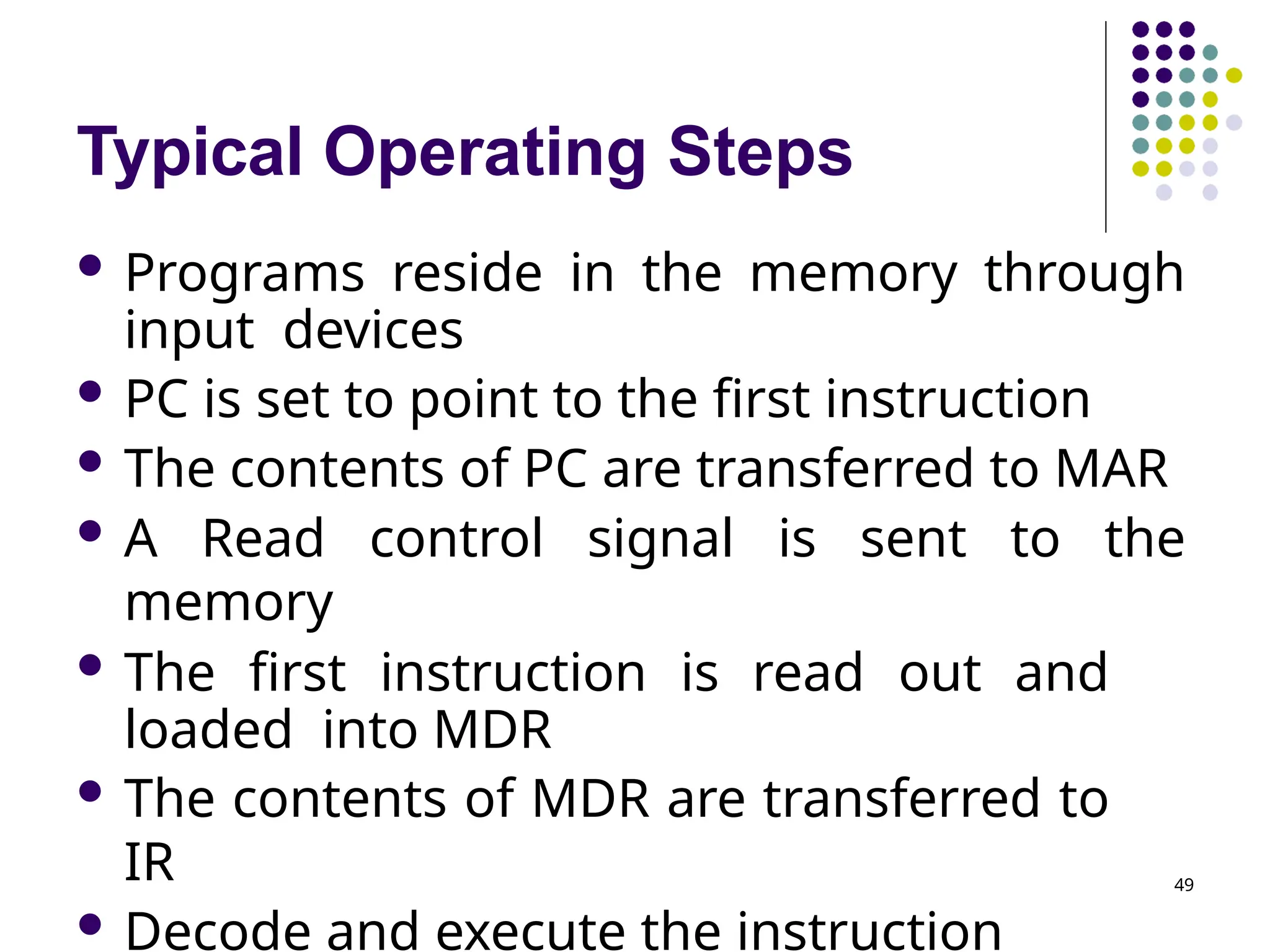 Typical Operating Steps
49
 Programs reside in the memory through
input devices
 PC is set to point to the first instruction
 The contents of PC are transferred to MAR
 A Read control signal is sent to the
memory
 The first instruction is read out and
loaded into MDR
 The contents of MDR are transferred to
IR
 Decode and execute the instruction
 