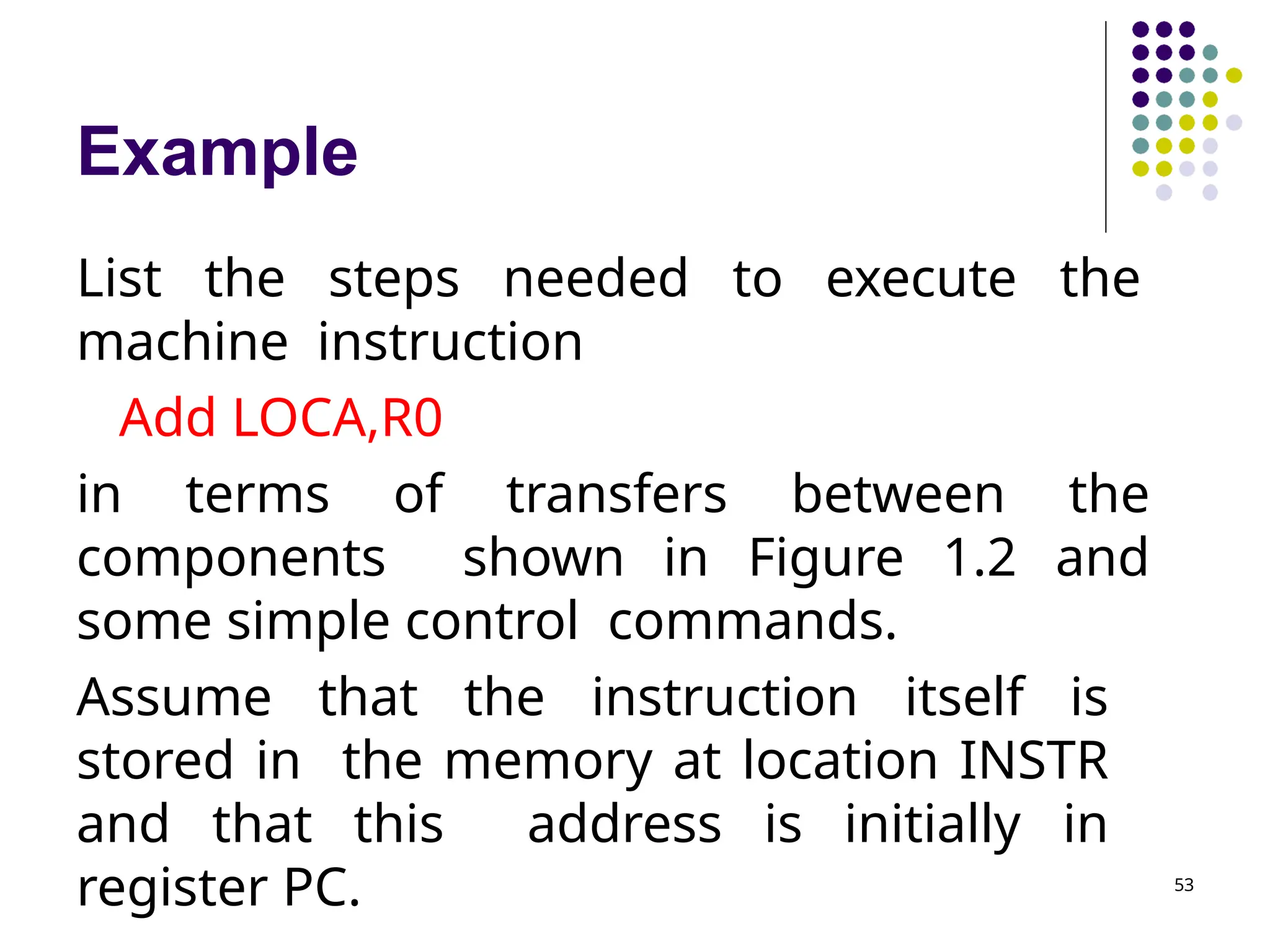 Example
53
List the steps needed to execute the
machine instruction
Add LOCA,R0
in terms of transfers between the
components shown in Figure 1.2 and
some simple control commands.
Assume that the instruction itself is
stored in the memory at location INSTR
and that this address is initially in
register PC.
 