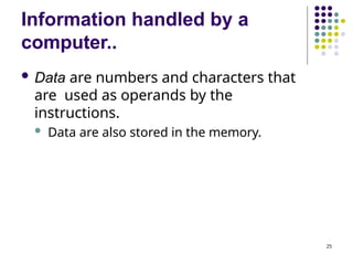 Information handled by a
computer..
25
 Data are numbers and characters that
are used as operands by the
instructions.
 Data are also stored in the memory.
 