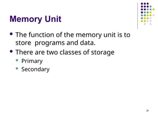 Memory Unit
28
 The function of the memory unit is to
store programs and data.
 There are two classes of storage
 Primary
 Secondary
 