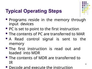 Typical Operating Steps
49
 Programs reside in the memory through
input devices
 PC is set to point to the first instruction
 The contents of PC are transferred to MAR
 A Read control signal is sent to the
memory
 The first instruction is read out and
loaded into MDR
 The contents of MDR are transferred to
IR
 Decode and execute the instruction
 