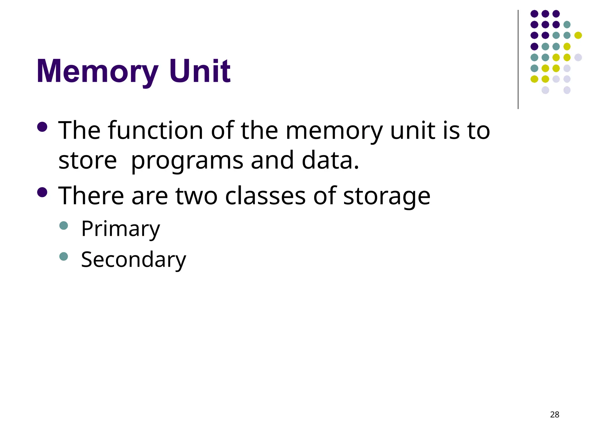Memory Unit
28
 The function of the memory unit is to
store programs and data.
 There are two classes of storage
 Primary
 Secondary
 