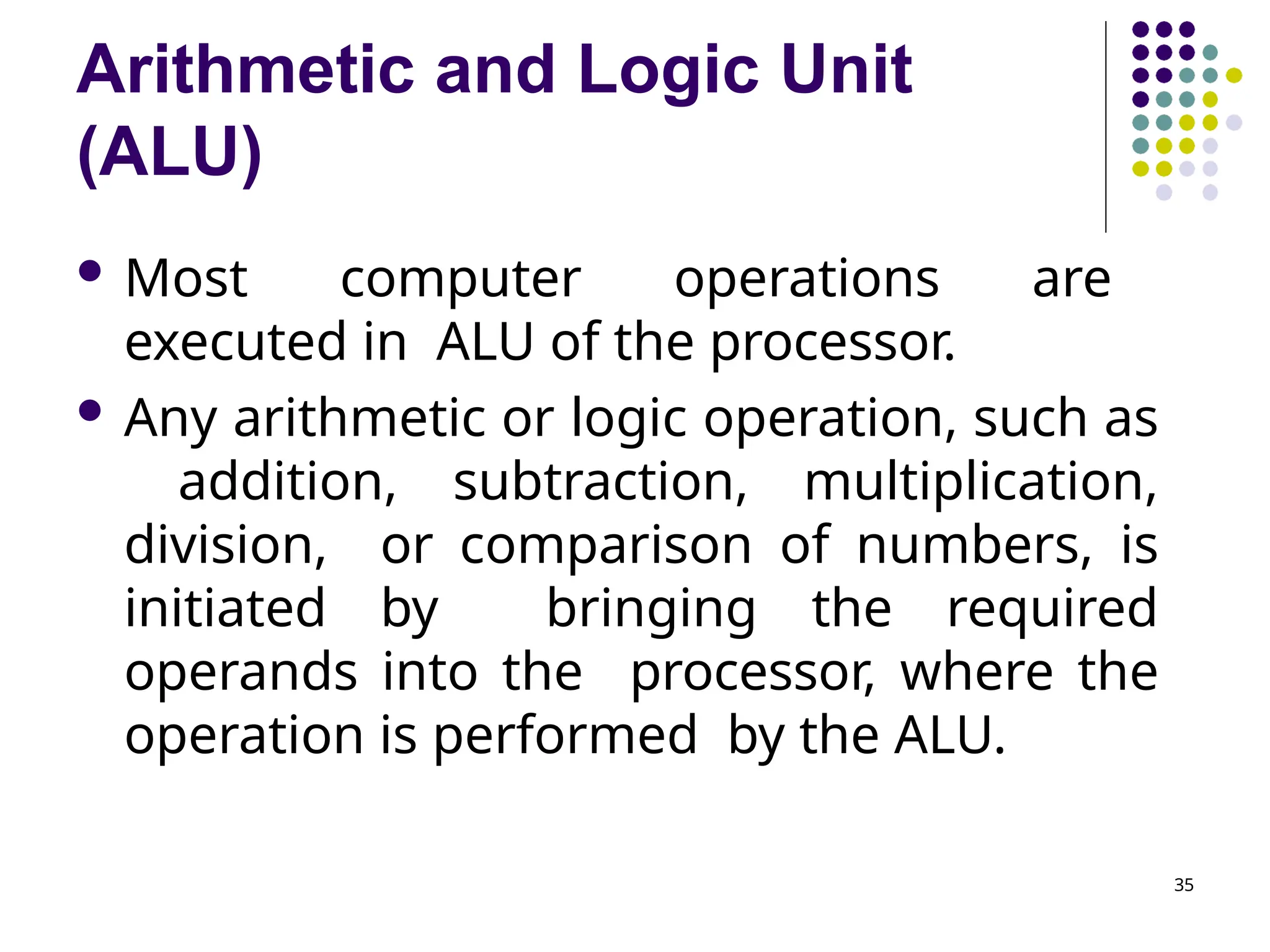 Arithmetic and Logic Unit
(ALU)
35
 Most computer operations are
executed in ALU of the processor.
 Any arithmetic or logic operation, such as
addition, subtraction, multiplication,
division, or comparison of numbers, is
initiated by bringing the required
operands into the processor, where the
operation is performed by the ALU.
 