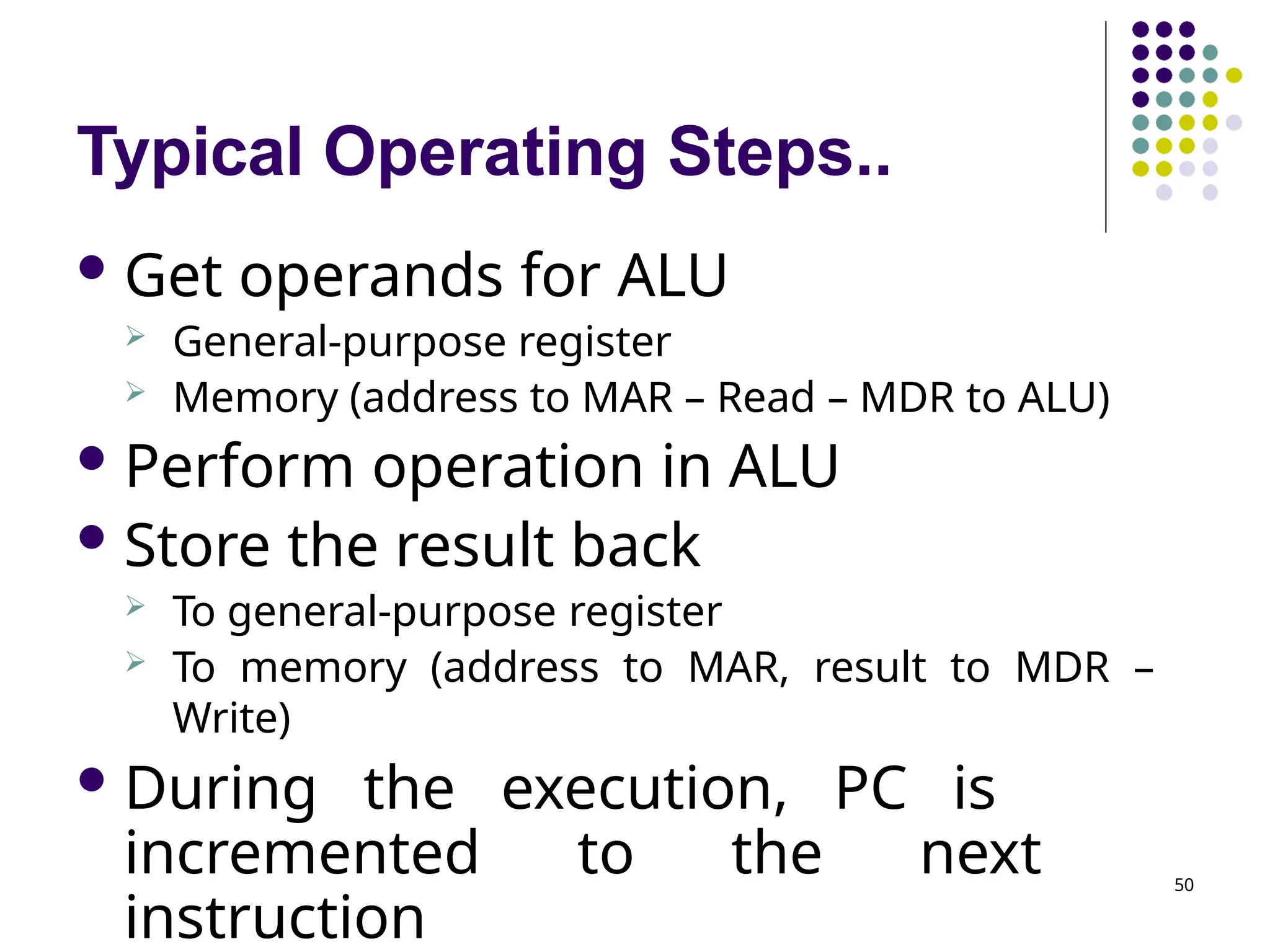 Typical Operating Steps..
50
 Get operands for ALU
 General-purpose register
 Memory (address to MAR – Read – MDR to ALU)
 Perform operation in ALU
 Store the result back
 To general-purpose register
 To memory (address to MAR, result to MDR –
Write)
 During the execution, PC is
incremented to the next
instruction
 