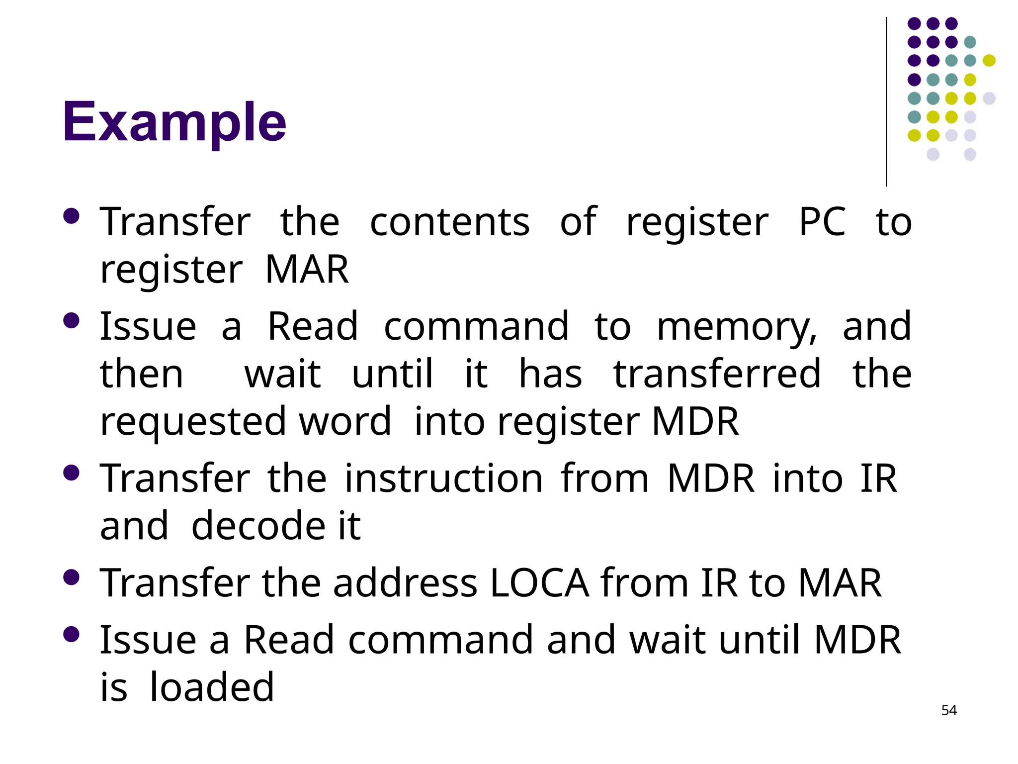 Example
54
 Transfer the contents of register PC to
register MAR
 Issue a Read command to memory, and
then wait until it has transferred the
requested word into register MDR
 Transfer the instruction from MDR into IR
and decode it
 Transfer the address LOCA from IR to MAR
 Issue a Read command and wait until MDR
is loaded
 