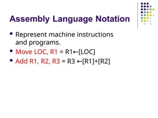 Assembly Language Notation
 Represent machine instructions
and programs.
 Move LOC, R1 = R1 [LOC]
←
 Add R1, R2, R3 = R3 [R1]+[R2]
←
 
