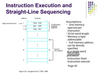 Instruction Execution and
Straight-Line Sequencing
Move A,R0
Add B,R0
Move R0,C
i
i + 4
i + 8
Begin execution here
Address Contents
C
B
A
the program
Data for
3-instruction
program
segment
Figure 2.8. A program for C   + 
Assumptions:
- One memory
operand per
instruction
- 32-bit word length
- Memory is byte
addressable
- Full memory address
can be directly
specified
in a single-word
instruction
Two-phase
procedure
-Instruction fetch
-Instruction execute
Page 43
 