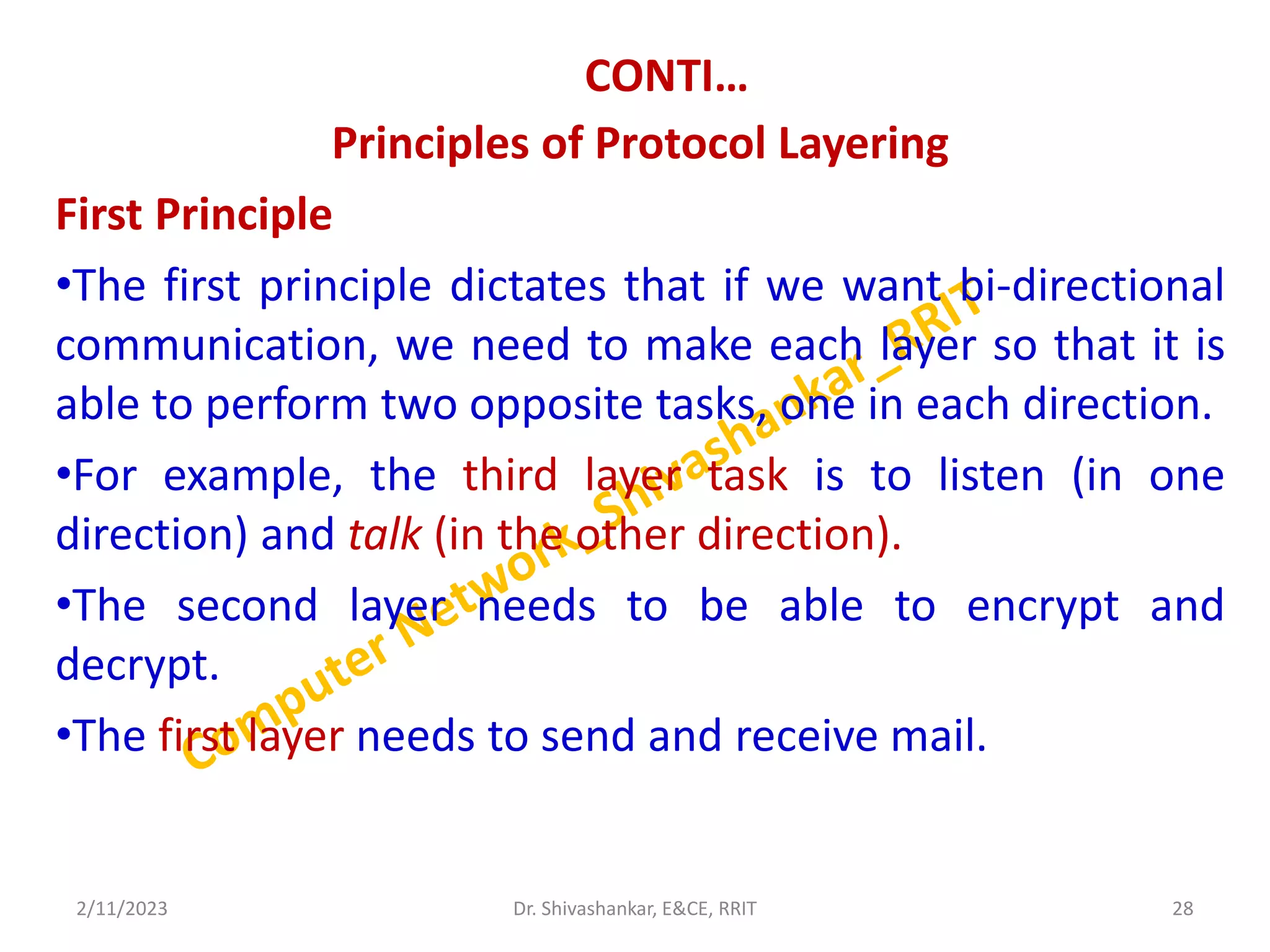 CONTI…
Principles of Protocol Layering
First Principle
•The first principle dictates that if we want bi-directional
communication, we need to make each layer so that it is
able to perform two opposite tasks, one in each direction.
•For example, the third layer task is to listen (in one
direction) and talk (in the other direction).
•The second layer needs to be able to encrypt and
decrypt.
•The first layer needs to send and receive mail.
2/11/2023 28
Dr. Shivashankar, E&CE, RRIT
 