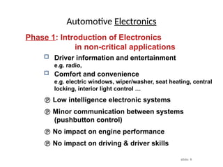 slide: 6
Automotive Electronics
Phase 1: Introduction of Electronics
in non-critical applications
 Driver information and entertainment
e.g. radio,
 Comfort and convenience
e.g. electric windows, wiper/washer, seat heating, central
locking, interior light control …
 Low intelligence electronic systems
 Minor communication between systems
(pushbutton control)
 No impact on engine performance
 No impact on driving & driver skills
 