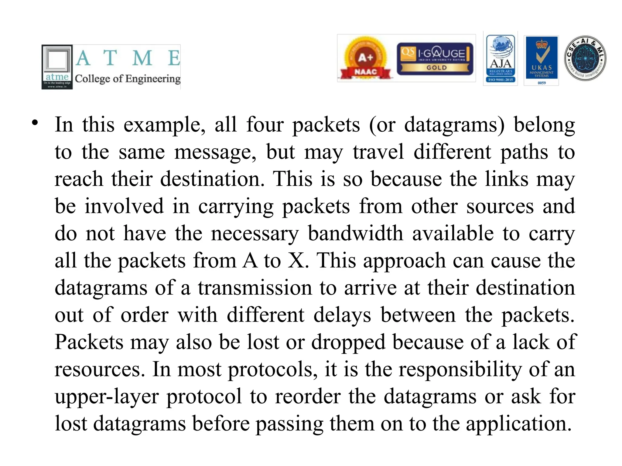 • In this example, all four packets (or datagrams) belong
to the same message, but may travel different paths to
reach their destination. This is so because the links may
be involved in carrying packets from other sources and
do not have the necessary bandwidth available to carry
all the packets from A to X. This approach can cause the
datagrams of a transmission to arrive at their destination
out of order with different delays between the packets.
Packets may also be lost or dropped because of a lack of
resources. In most protocols, it is the responsibility of an
upper-layer protocol to reorder the datagrams or ask for
lost datagrams before passing them on to the application.
 