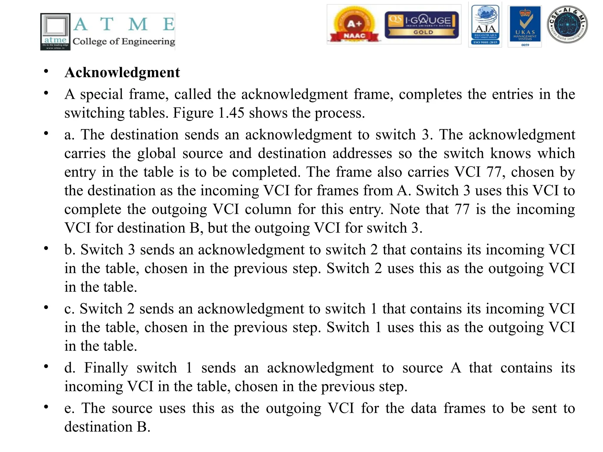 • Acknowledgment
• A special frame, called the acknowledgment frame, completes the entries in the
switching tables. Figure 1.45 shows the process.
• a. The destination sends an acknowledgment to switch 3. The acknowledgment
carries the global source and destination addresses so the switch knows which
entry in the table is to be completed. The frame also carries VCI 77, chosen by
the destination as the incoming VCI for frames from A. Switch 3 uses this VCI to
complete the outgoing VCI column for this entry. Note that 77 is the incoming
VCI for destination B, but the outgoing VCI for switch 3.
• b. Switch 3 sends an acknowledgment to switch 2 that contains its incoming VCI
in the table, chosen in the previous step. Switch 2 uses this as the outgoing VCI
in the table.
• c. Switch 2 sends an acknowledgment to switch 1 that contains its incoming VCI
in the table, chosen in the previous step. Switch 1 uses this as the outgoing VCI
in the table.
• d. Finally switch 1 sends an acknowledgment to source A that contains its
incoming VCI in the table, chosen in the previous step.
• e. The source uses this as the outgoing VCI for the data frames to be sent to
destination B.
 