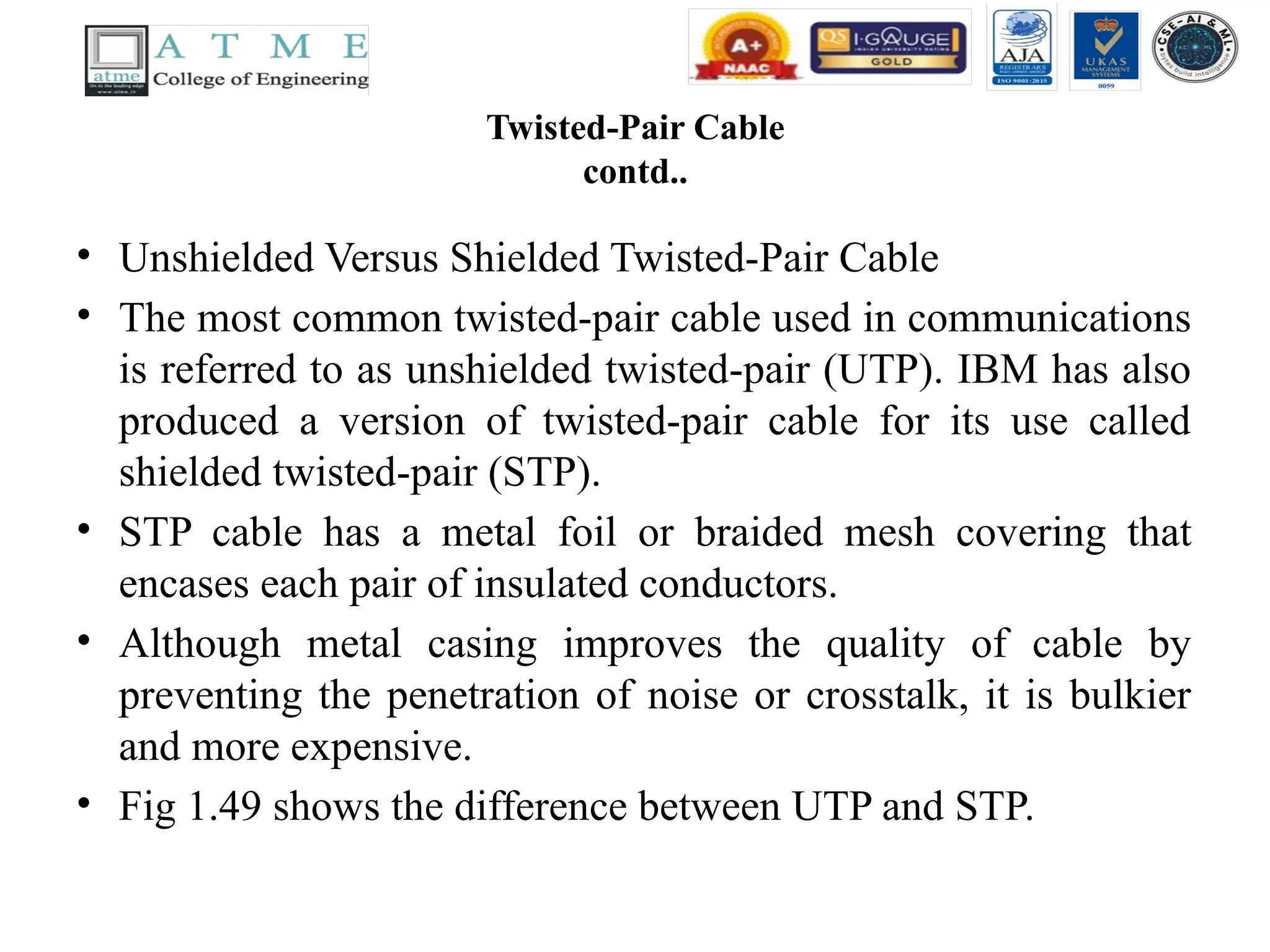 Twisted-Pair Cable
contd..
• Unshielded Versus Shielded Twisted-Pair Cable
• The most common twisted-pair cable used in communications
is referred to as unshielded twisted-pair (UTP). IBM has also
produced a version of twisted-pair cable for its use called
shielded twisted-pair (STP).
• STP cable has a metal foil or braided mesh covering that
encases each pair of insulated conductors.
• Although metal casing improves the quality of cable by
preventing the penetration of noise or crosstalk, it is bulkier
and more expensive.
• Fig 1.49 shows the difference between UTP and STP.
 