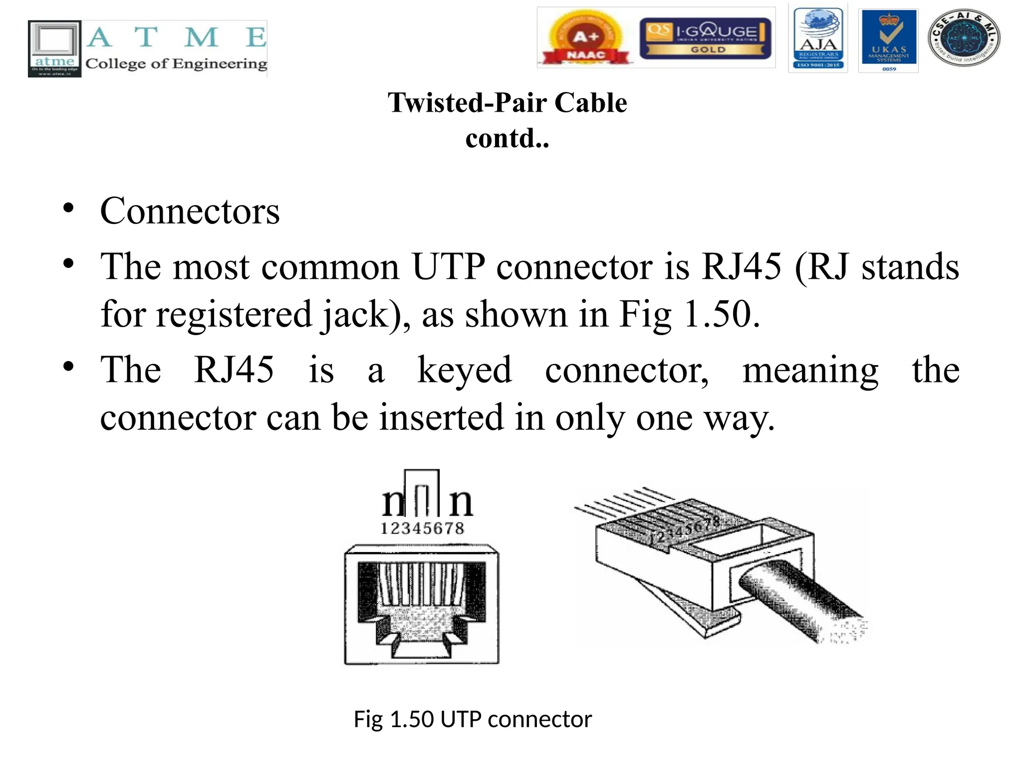 Twisted-Pair Cable
contd..
• Connectors
• The most common UTP connector is RJ45 (RJ stands
for registered jack), as shown in Fig 1.50.
• The RJ45 is a keyed connector, meaning the
connector can be inserted in only one way.
Fig 1.50 UTP connector
 