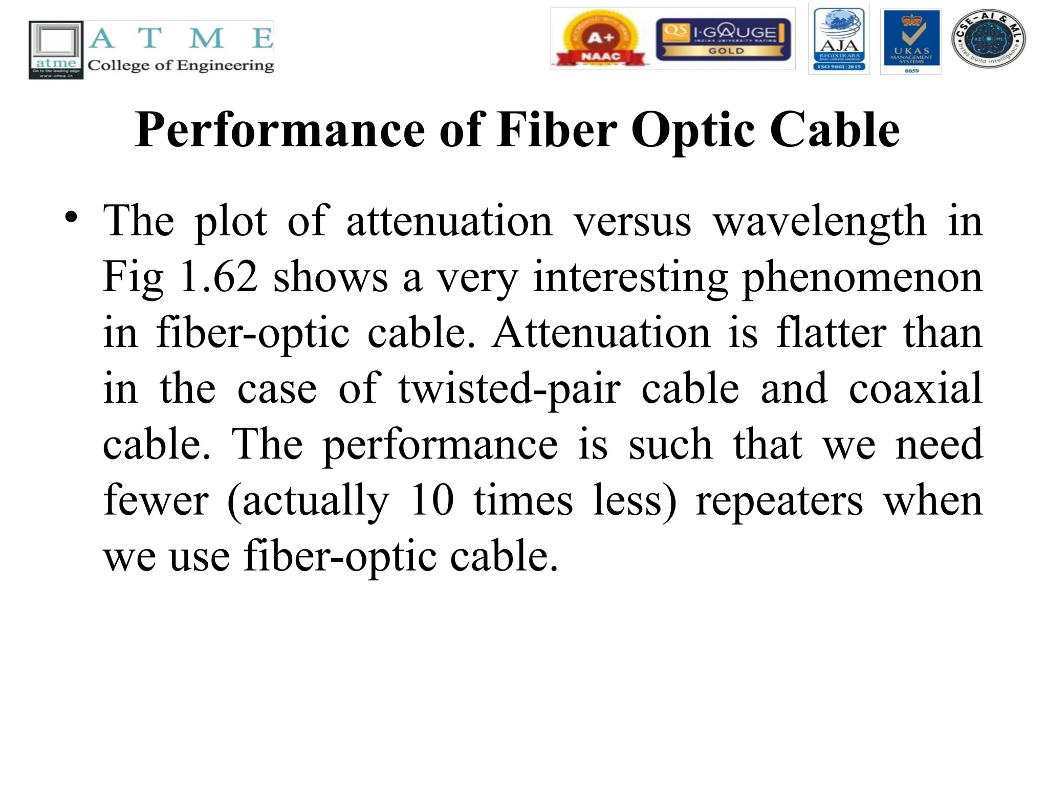 Performance of Fiber Optic Cable
• The plot of attenuation versus wavelength in
Fig 1.62 shows a very interesting phenomenon
in fiber-optic cable. Attenuation is flatter than
in the case of twisted-pair cable and coaxial
cable. The performance is such that we need
fewer (actually 10 times less) repeaters when
we use fiber-optic cable.
 