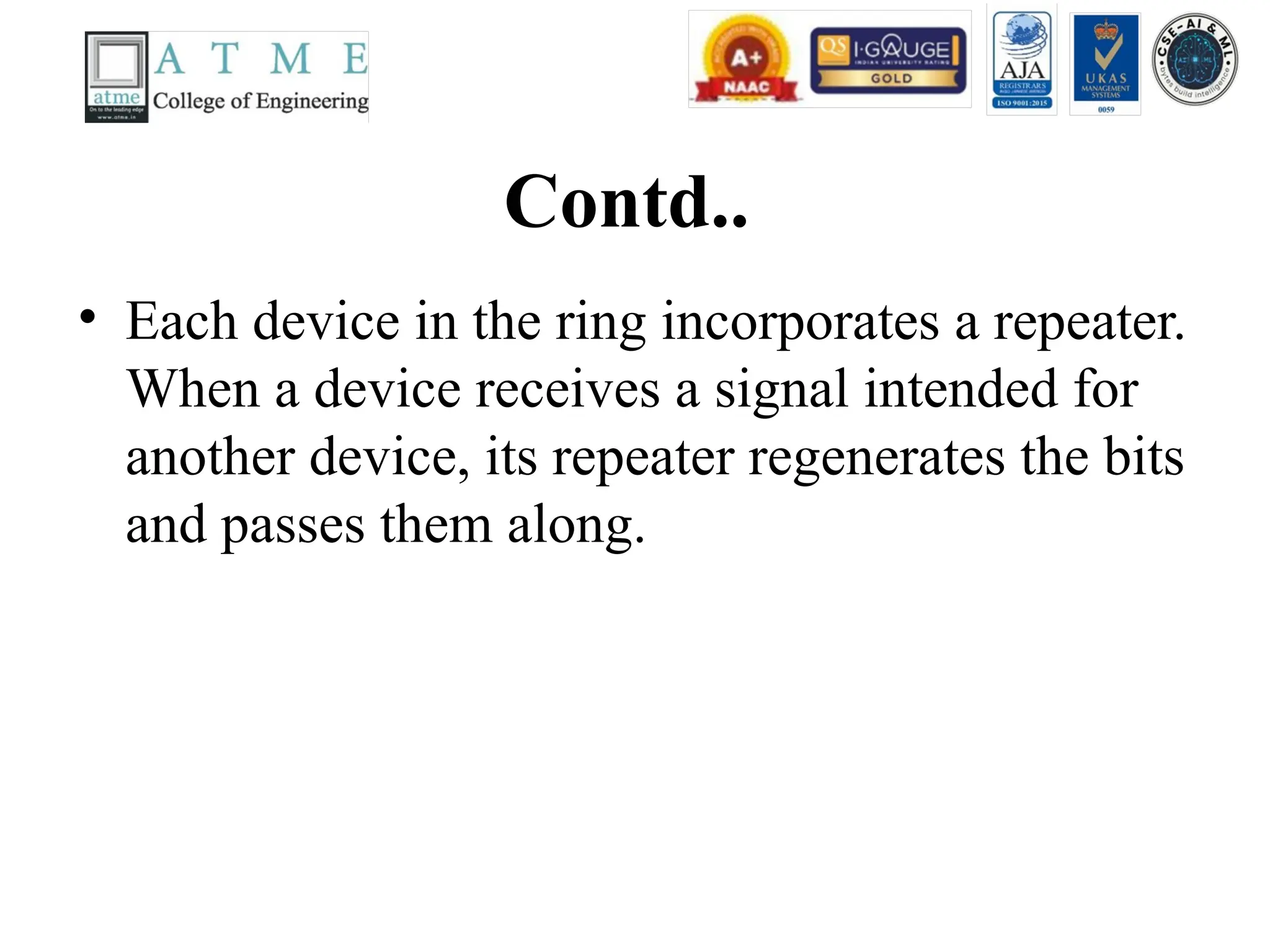 Contd..
• Each device in the ring incorporates a repeater.
When a device receives a signal intended for
another device, its repeater regenerates the bits
and passes them along.
 
