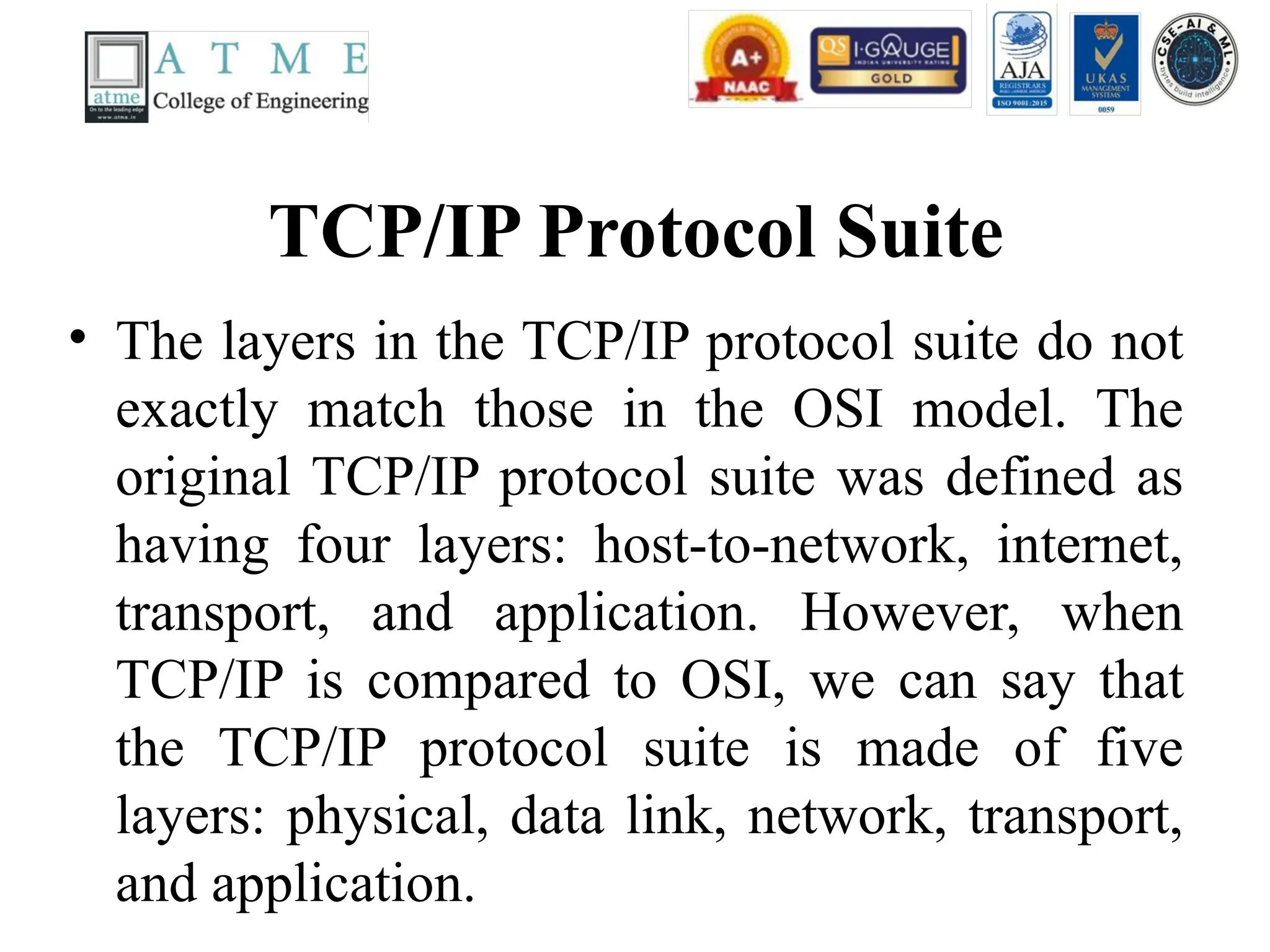 TCP/IP Protocol Suite
• The layers in the TCP/IP protocol suite do not
exactly match those in the OSI model. The
original TCP/IP protocol suite was defined as
having four layers: host-to-network, internet,
transport, and application. However, when
TCP/IP is compared to OSI, we can say that
the TCP/IP protocol suite is made of five
layers: physical, data link, network, transport,
and application.
 