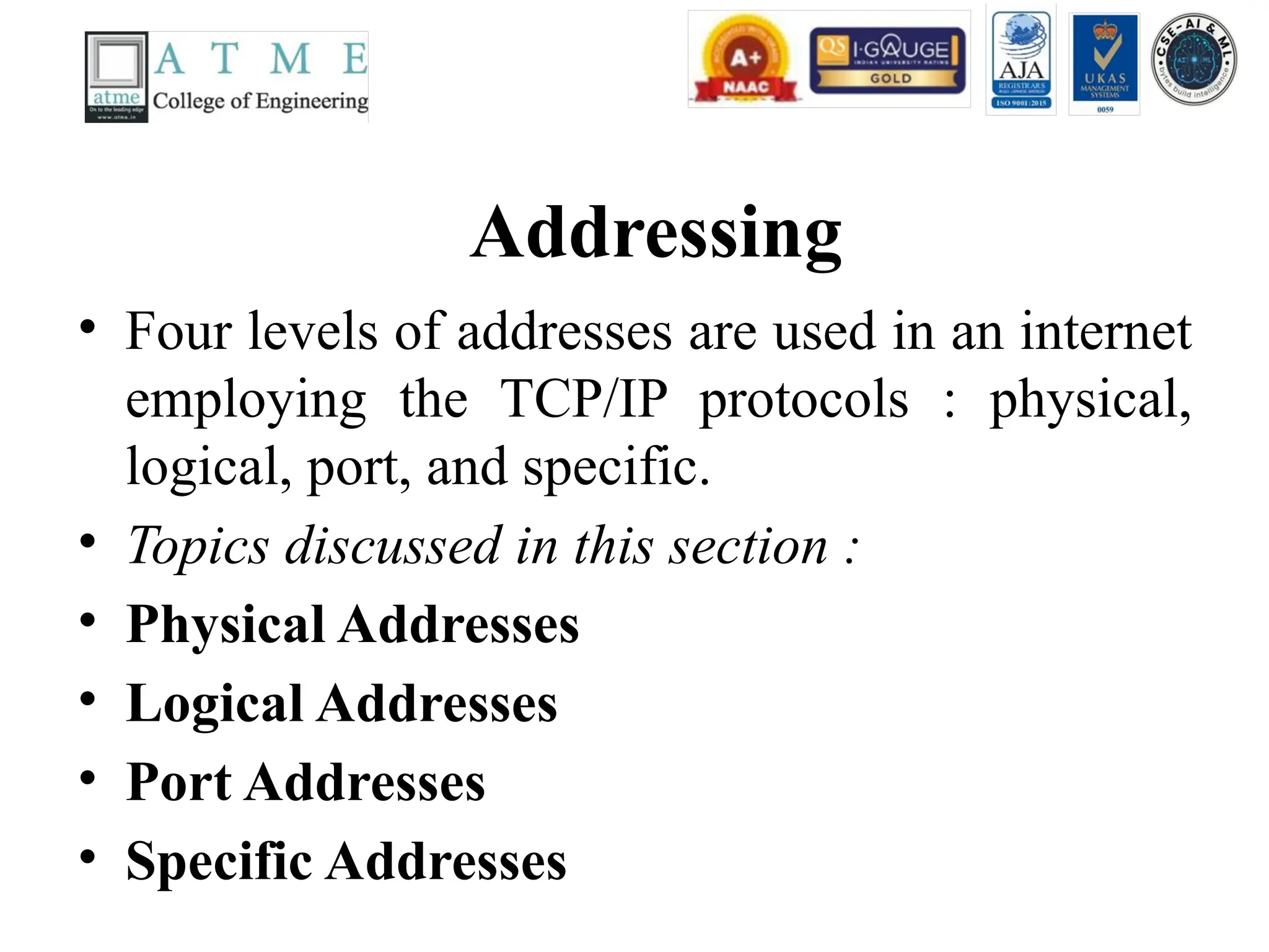 Addressing
• Four levels of addresses are used in an internet
employing the TCP/IP protocols : physical,
logical, port, and specific.
• Topics discussed in this section :
• Physical Addresses
• Logical Addresses
• Port Addresses
• Specific Addresses
 