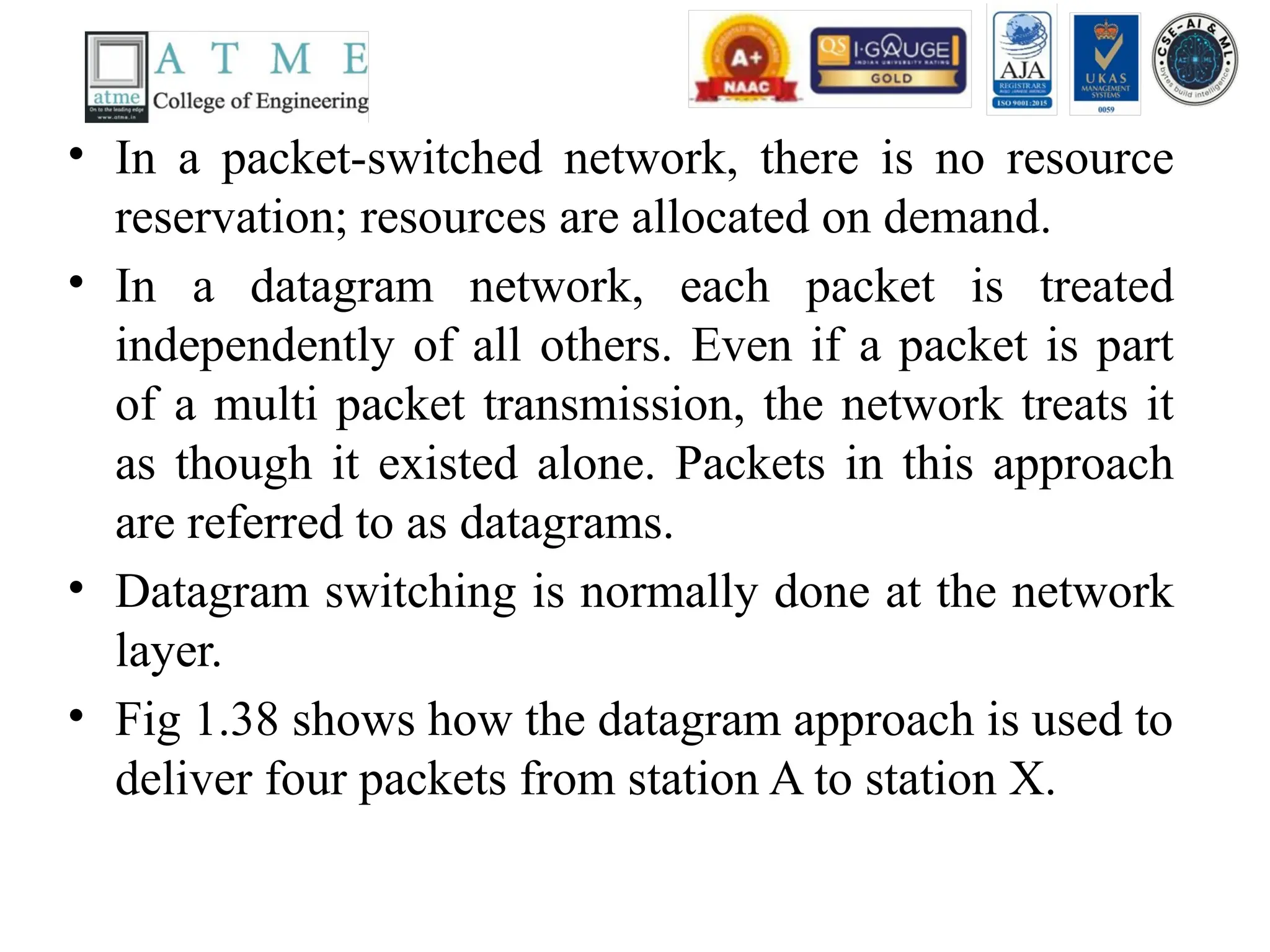 • In a packet-switched network, there is no resource
reservation; resources are allocated on demand.
• In a datagram network, each packet is treated
independently of all others. Even if a packet is part
of a multi packet transmission, the network treats it
as though it existed alone. Packets in this approach
are referred to as datagrams.
• Datagram switching is normally done at the network
layer.
• Fig 1.38 shows how the datagram approach is used to
deliver four packets from station A to station X.
 