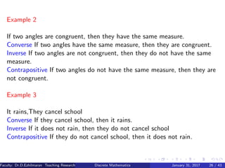 Example 2
If two angles are congruent, then they have the same measure.
Converse If two angles have the same measure, then they are congruent.
Inverse If two angles are not congruent, then they do not have the same
measure.
Contrapositive If two angles do not have the same measure, then they are
not congruent.
Example 3
It rains,They cancel school
Converse If they cancel school, then it rains.
Inverse If it does not rain, then they do not cancel school
Contrapositive If they do not cancel school, then it does not rain.
Faculty: Dr.D.Ezhilmaran Teaching Research Associate: M.Adhiyaman (VIT)Discrete Mathematics January 31, 2017 26 / 43
 