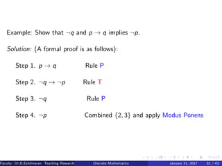 Example: Show that ¬q and p → q implies ¬p.
Solution: (A formal proof is as follows):
Step 1. p → q Rule P
Step 2. ¬q → ¬p Rule T
Step 3. ¬q Rule P
Step 4. ¬p Combined {2, 3} and apply Modus Ponens
Faculty: Dr.D.Ezhilmaran Teaching Research Associate: M.Adhiyaman (VIT)Discrete Mathematics January 31, 2017 32 / 43
 
