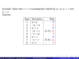 Example: Show that s ∨ r is tautologically implied by p ∨ q, p → r and
q → s.
Solution:
Step Derivation Rule
1 p ∨ q P
2 ¬p → q T
3 q → s P
4 ¬p → s {2, 3}, I7
5 ¬s → p T
6 p → r P
7 ¬s → r {5, 6}, I7
8 s ∨ r T
Faculty: Dr.D.Ezhilmaran Teaching Research Associate: M.Adhiyaman (VIT)Discrete Mathematics January 31, 2017 34 / 43
 
