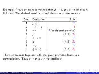 Example: Prove by indirect method that p → q, p ∨ r, ¬q implies r.
Solution: The desired result is r. Include ¬r as a new premise.
Step Derivation Rule
1 p ∨ r P
2 ¬r → p T
3 ¬r P(additional premise)
4 p {2, 3}, I4
5 p → q P
6 q {4, 5}, I4
7 ¬q P
8 q ∧ ¬q {6, 7}, I3
The new premise together with the given premises, leads to a
contradiction. Thus p → q, p ∨ r, ¬q implies r.
Faculty: Dr.D.Ezhilmaran Teaching Research Associate: M.Adhiyaman (VIT)Discrete Mathematics January 31, 2017 35 / 43
 