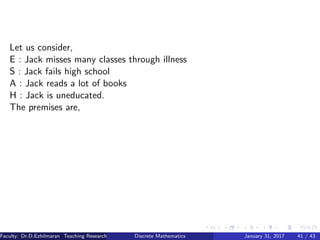 Let us consider,
E : Jack misses many classes through illness
S : Jack fails high school
A : Jack reads a lot of books
H : Jack is uneducated.
The premises are,
Faculty: Dr.D.Ezhilmaran Teaching Research Associate: M.Adhiyaman (VIT)Discrete Mathematics January 31, 2017 41 / 43
 