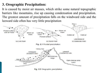 3. Orographic Precipitation:
It is caused by moist air masses, which strike some natural topographic
barriers like mountains, rise up causing condensation and precipitation.
The greatest amount of precipitation falls on the windward side and the
leeward side often has very little precipitation
BITS Edu CampusProf. Ankit Patel
 