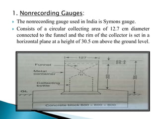 1. Nonrecording Gauges:
 The nonrecording gauge used in India is Symons gauge.
 Consists of a circular collecting area of 12.7 cm diameter
connected to the funnel and the rim of the collector is set in a
horizontal plane at a height of 30.5 cm above the ground level.
BITS Edu CampusProf. Ankit Patel
 