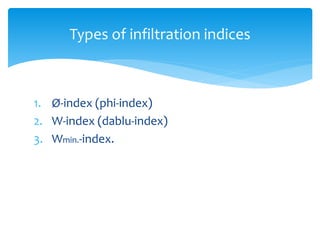 1. Ø-index (phi-index)
2. W-index (dablu-index)
3. Wmin.-index.
Types of infiltration indices
BITS Edu CampusProf. Ankit Patel
 