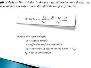 (ii) W-index—The W-index is the average infiltration rate during the
time rainfall intensity exceeds the infiltration capacity rate, i.e.,
BITS Edu CampusProf. Ankit Patel
 