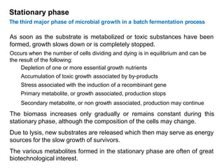Stationary phase
The third major phase of microbial growth in a batch fermentation process
As soon as the substrate is metabolized or toxic substances have been
formed, growth slows down or is completely stopped.
Occurs when the number of cells dividing and dying is in equilibrium and can be
the result of the following:
Depletion of one or more essential growth nutrients
Accumulation of toxic growth associated by by-products
Stress associated with the induction of a recombinant gene
Primary metabolite, or growth associated, production stops
Secondary metabolite, or non growth associated, production may continue
The biomass increases only gradually or remains constant during this
stationary phase, although the composition of the cells may change.
Due to lysis, new substrates are released which then may serve as energy
sources for the slow growth of survivors.
The various metabolites formed in the stationary phase are often of great
biotechnological interest.
 