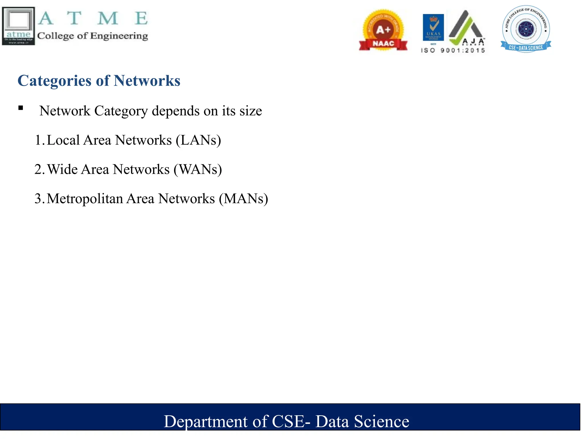 Department of CSE- Data Science
Categories of Networks
 Network Category depends on its size
1.Local Area Networks (LANs)
2.Wide Area Networks (WANs)
3.Metropolitan Area Networks (MANs)
 