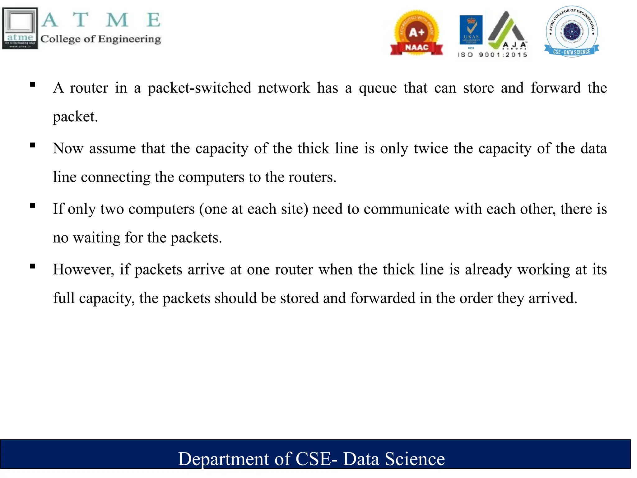 Department of CSE- Data Science
 A router in a packet-switched network has a queue that can store and forward the
packet.
 Now assume that the capacity of the thick line is only twice the capacity of the data
line connecting the computers to the routers.
 If only two computers (one at each site) need to communicate with each other, there is
no waiting for the packets.
 However, if packets arrive at one router when the thick line is already working at its
full capacity, the packets should be stored and forwarded in the order they arrived.
 