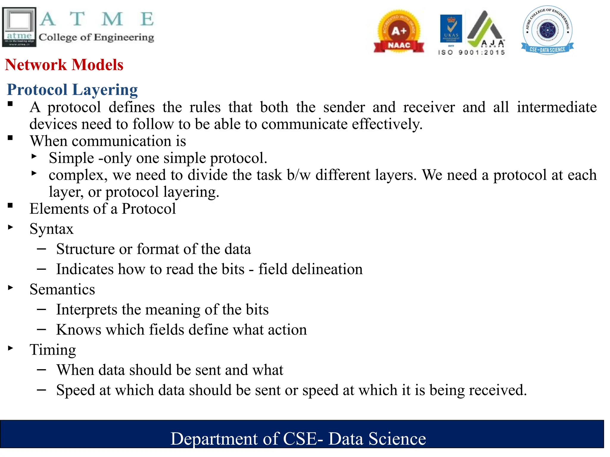 Department of CSE- Data Science
Network Models
Protocol Layering
 A protocol defines the rules that both the sender and receiver and all intermediate
devices need to follow to be able to communicate effectively.
 When communication is
‣ Simple -only one simple protocol.
‣ complex, we need to divide the task b/w different layers. We need a protocol at each
layer, or protocol layering.
 Elements of a Protocol
‣ Syntax
– Structure or format of the data
– Indicates how to read the bits - field delineation
‣ Semantics
– Interprets the meaning of the bits
– Knows which fields define what action
‣ Timing
– When data should be sent and what
– Speed at which data should be sent or speed at which it is being received.
 