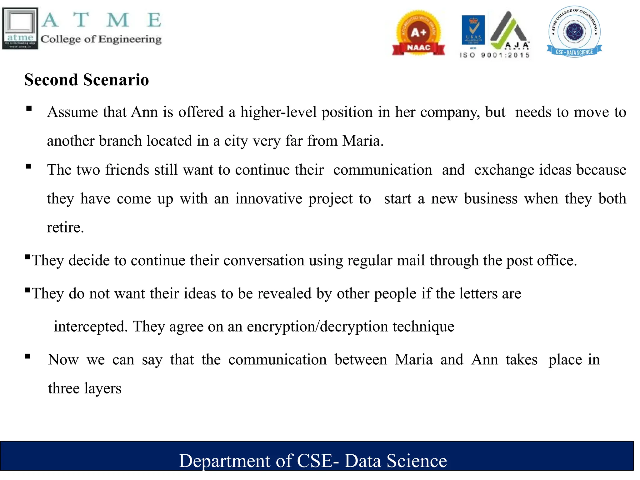 Department of CSE- Data Science
Second Scenario
 Assume that Ann is offered a higher-level position in her company, but needs to move to
another branch located in a city very far from Maria.
 The two friends still want to continue their communication and exchange ideas because
they have come up with an innovative project to start a new business when they both
retire.
They decide to continue their conversation using regular mail through the post office.
They do not want their ideas to be revealed by other people if the letters are
intercepted. They agree on an encryption/decryption technique
 Now we can say that the communication between Maria and Ann takes place in
three layers
 