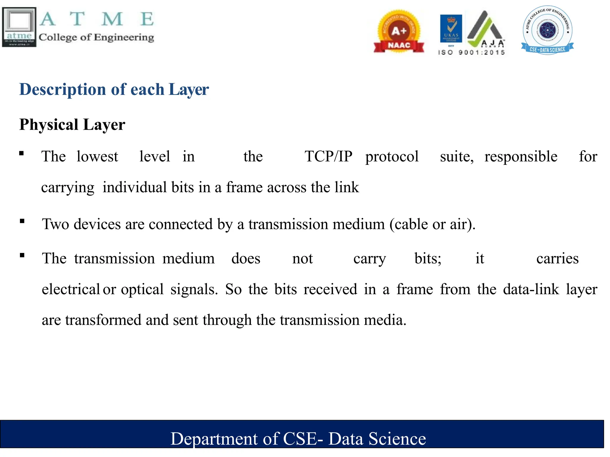Department of CSE- Data Science
Description of each Layer
Physical Layer
 The lowest level in the TCP/IP protocol suite, responsible for
carrying individual bits in a frame across the link
 Two devices are connected by a transmission medium (cable or air).
 The transmission medium does not carry bits; it carries
electricalor optical signals. So the bits received in a frame from the data-link layer
are transformed and sent through the transmission media.
 