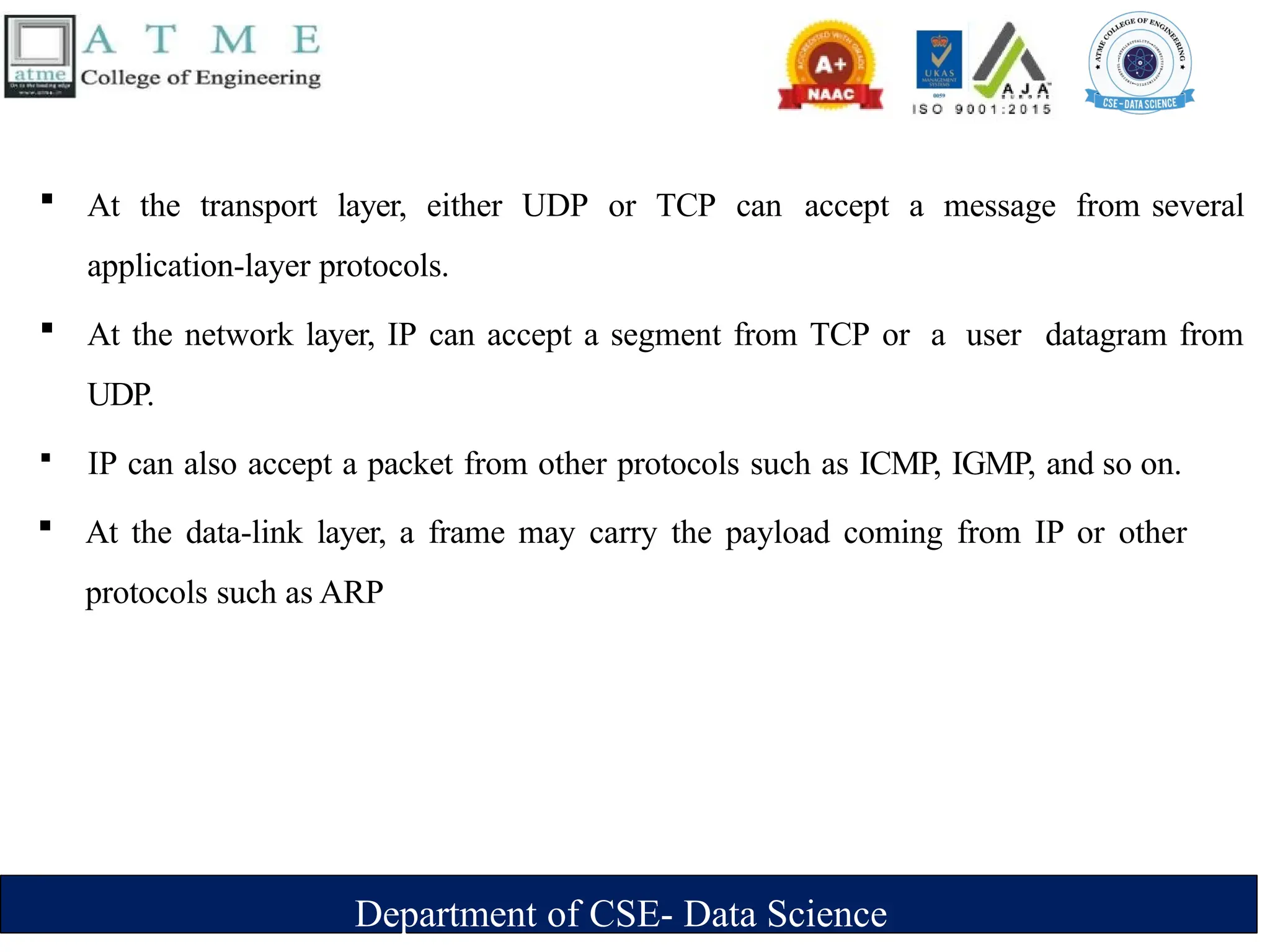 Department of CSE- Data Science
 At the transport layer, either UDP or TCP can accept a message from several
application-layer protocols.
 At the network layer, IP can accept a segment from TCP or a user datagram from
UDP.
 IP can also accept a packet from other protocols such as ICMP, IGMP, and so on.
 At the data-link layer, a frame may carry the payload coming from IP or other
protocols such as ARP
 