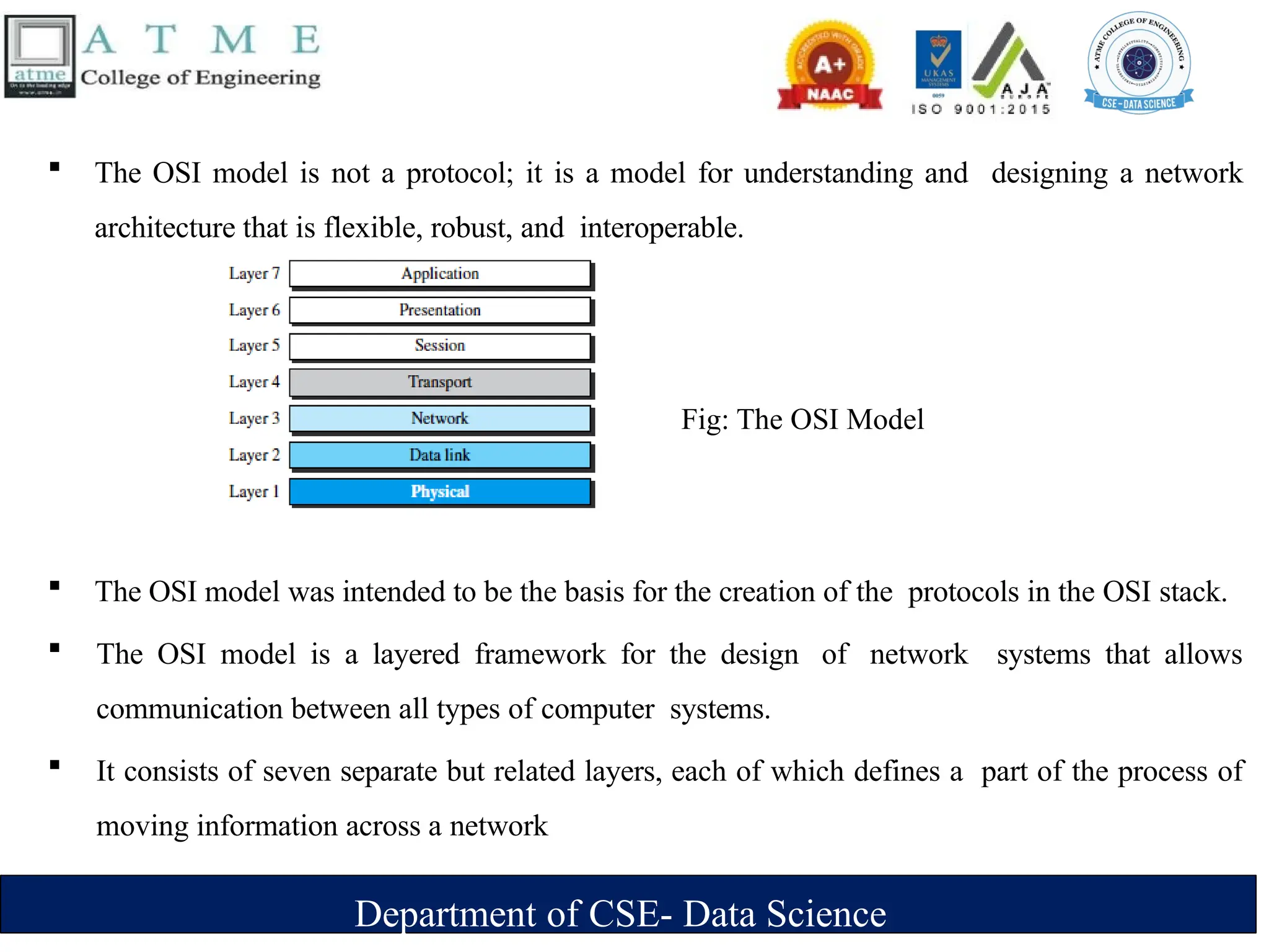 Department of CSE- Data Science
 The OSI model is not a protocol; it is a model for understanding and designing a network
architecture that is flexible, robust, and interoperable.
 The OSI model was intended to be the basis for the creation of the protocols in the OSI stack.
 The OSI model is a layered framework for the design of network systems that allows
communication between all types of computer systems.
 It consists of seven separate but related layers, each of which defines a part of the process of
moving information across a network
Fig: The OSI Model
 