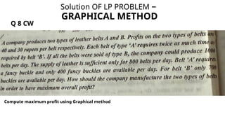 Solution OF LP PROBLEM –
GRAPHICAL METHOD
Q 8 CW
Compute maximum profit using Graphical method
 