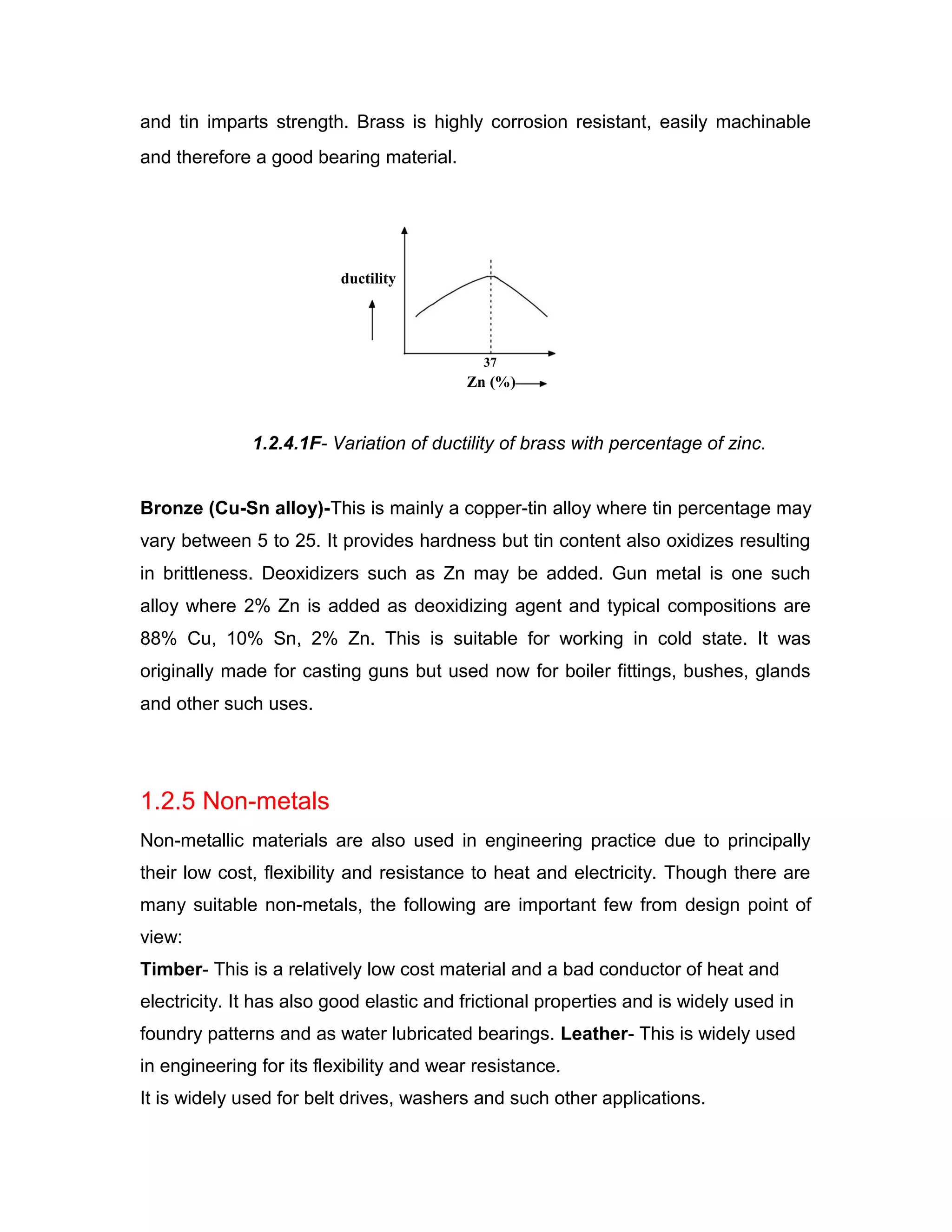 and tin imparts strength. Brass is highly corrosion resistant, easily machinable
and therefore a good bearing material.
ductility
37
Zn (%)
1.2.4.1F- Variation of ductility of brass with percentage of zinc.
Bronze (Cu-Sn alloy)-This is mainly a copper-tin alloy where tin percentage may
vary between 5 to 25. It provides hardness but tin content also oxidizes resulting
in brittleness. Deoxidizers such as Zn may be added. Gun metal is one such
alloy where 2% Zn is added as deoxidizing agent and typical compositions are
88% Cu, 10% Sn, 2% Zn. This is suitable for working in cold state. It was
originally made for casting guns but used now for boiler fittings, bushes, glands
and other such uses.
1.2.5 Non-metals
Non-metallic materials are also used in engineering practice due to principally
their low cost, flexibility and resistance to heat and electricity. Though there are
many suitable non-metals, the following are important few from design point of
view:
Timber- This is a relatively low cost material and a bad conductor of heat and
electricity. It has also good elastic and frictional properties and is widely used in
foundry patterns and as water lubricated bearings. Leather- This is widely used
in engineering for its flexibility and wear resistance.
It is widely used for belt drives, washers and such other applications.
 