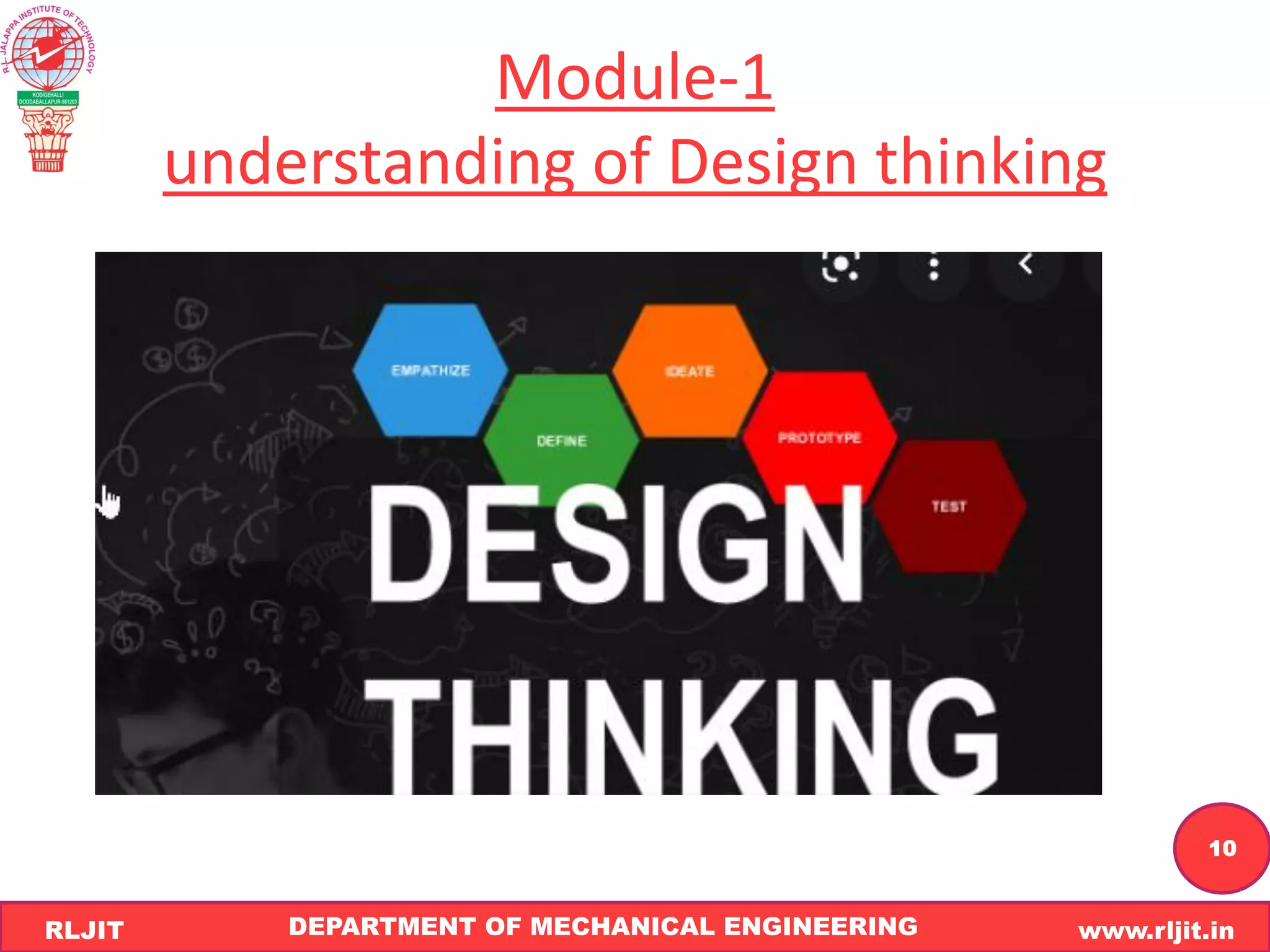 DEPARTMENT OF MECHANICAL ENGINEERING www.rljit.in
RLJIT
R
L
J
I
T
10
Module-1
understanding of Design thinking
 