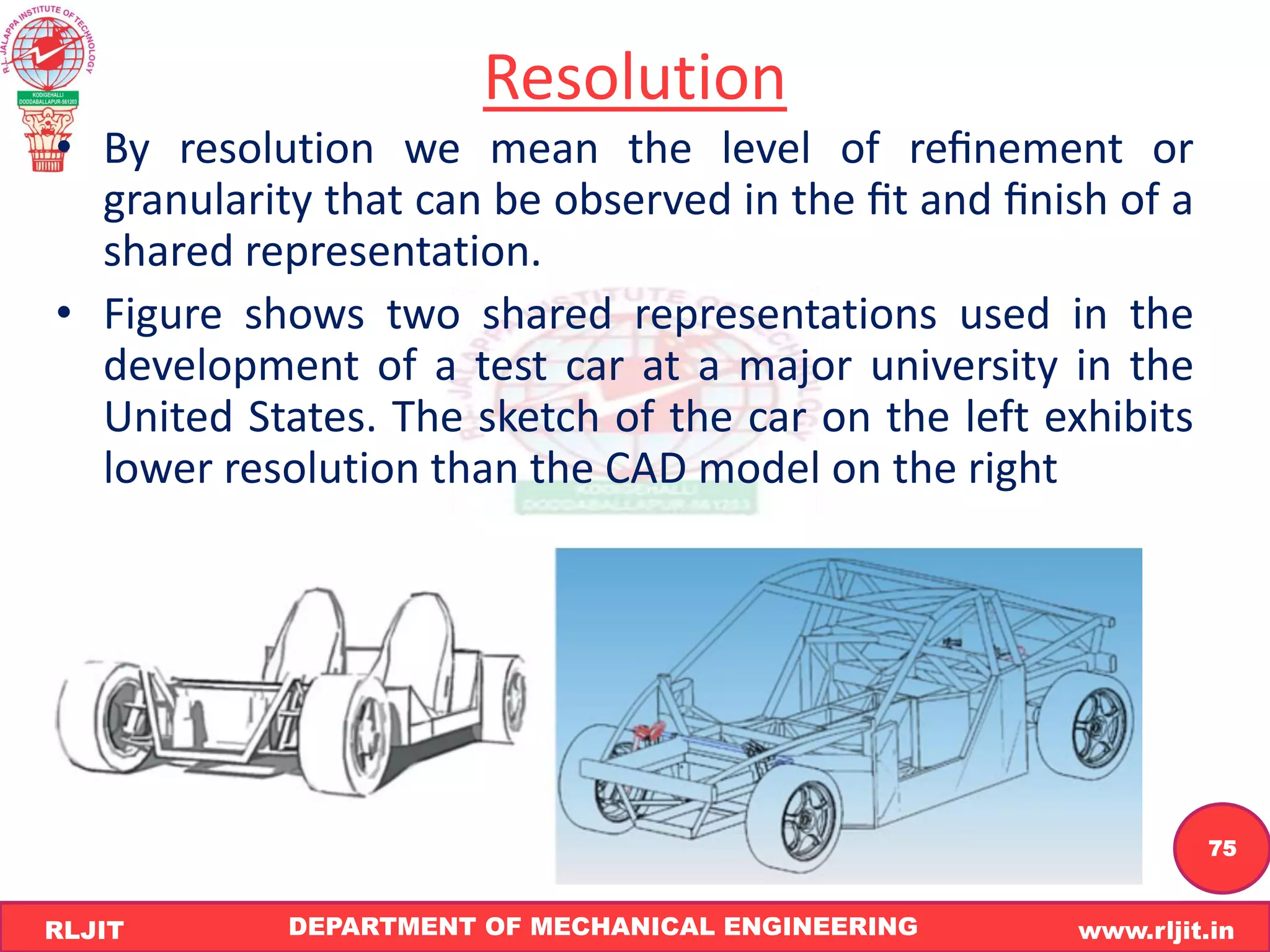 DEPARTMENT OF MECHANICAL ENGINEERING www.rljit.in
RLJIT
R
L
J
I
T
75
Resolution
• By resolution we mean the level of reﬁnement or
granularity that can be observed in the ﬁt and ﬁnish of a
shared representation.
• Figure shows two shared representations used in the
development of a test car at a major university in the
United States. The sketch of the car on the left exhibits
lower resolution than the CAD model on the right
 