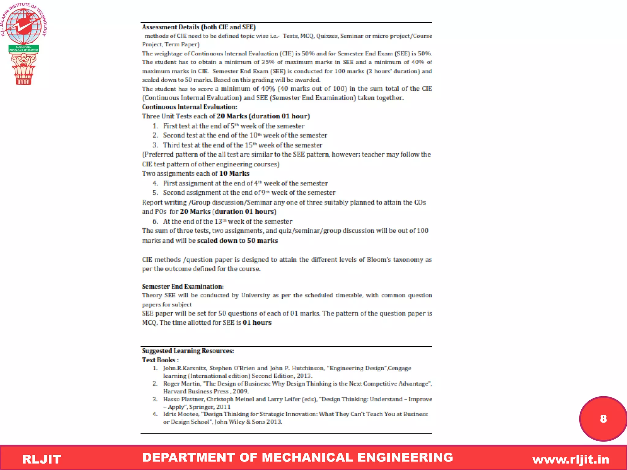 DEPARTMENT OF MECHANICAL ENGINEERING www.rljit.in
RLJIT
R
L
J
I
T
8
 